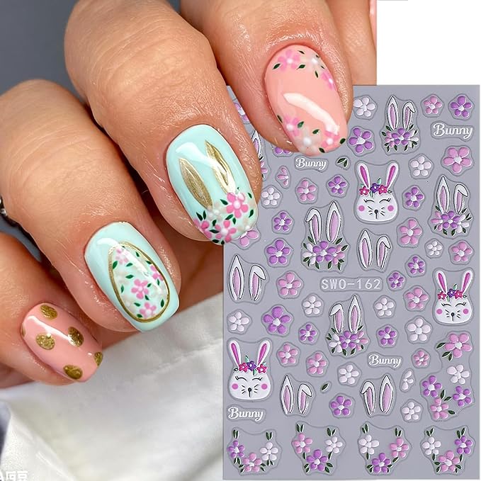 2 Sheets Easter Nail Stickers for Nail Art Cartoon Rabbit Nail Art Stickers Embossed Spring Flower Nail Decals 3D Self-Adhesive Rabbit Ears Flowers Easter Bunny Nail Design Decals for Women