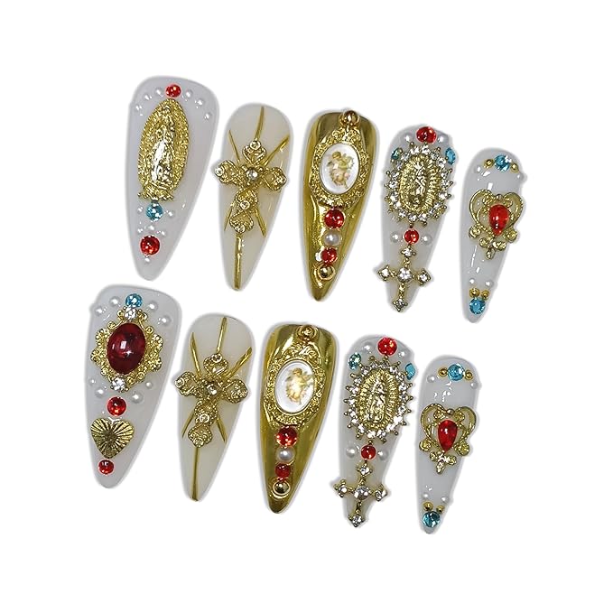 White Press on Nails with 3D Carving Flowers, Gold Madonna & Cross Charms, Long Stiletto Glossy Iced Baroque Fake Nails, Reusable Religious Vintage False Nails for Women Wedding Opera (Size S)
