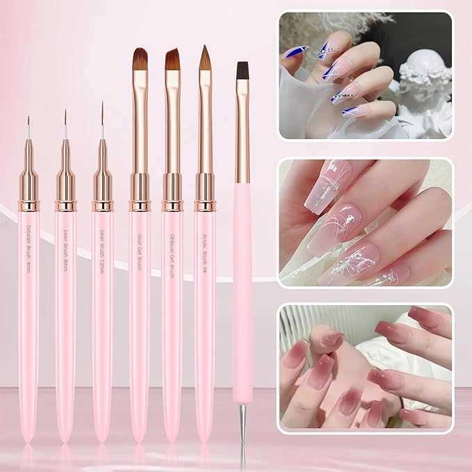 WOKOTO 7 Pcs Pink Nail Brushes For Acrylic Nails Brushes Painting Detail Nail Brushes For Nail Art Tools Dotting Drawing Tools Fine Line Nail Liner Acrylic Brushes For UV Gel Nails Polish Brushes