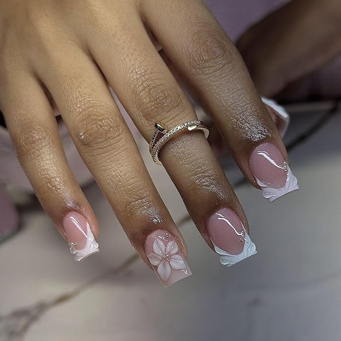 Short Press on Nails Square - White French Tip Fake Nails with Flower Design - Spring Stick on False Nails - for Women 24 Pcs