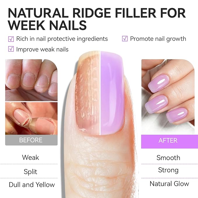 Nail Strengthener and Ridge Filler for Women: Milky Purple 15ml Protein Nail Hardener Extra Strong and Growth for Damaged Nails - 6 in 1 Natural Nails Polish Hardener for Home Salon Women Daily Care