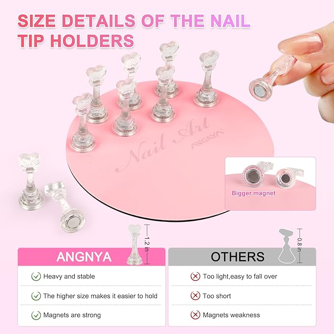 ANGNYA Nail Stand for Press Ons,Round Shape Super Magnetic Base Nail Holder for Painting Nails with 200 Pcs Reusable Double-Sided Tape for Nails Practice Nail Tools Home DIY Salon Supplies