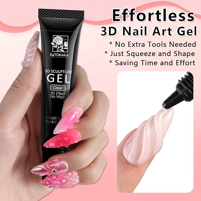 3D Gel Nail Art, 2 Pcs 15g Clear No Wipe Sculpting Gel for Carving, Molding and Painting 3D Nails Art Designs, Rhinestone Glue for Gems Decoration Manicure Salon Home DIY