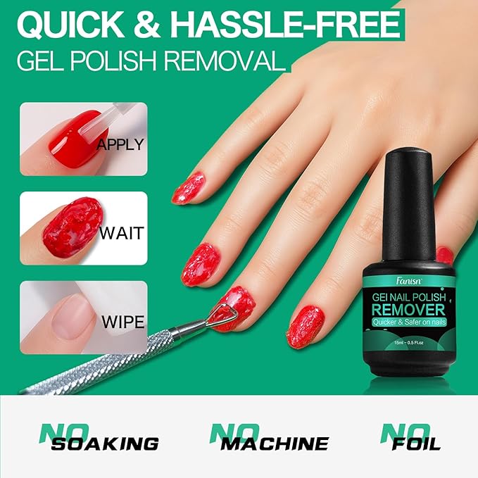 Gel Nail Polish Remover with Tools, 15ml (0.5 fl oz) - Acetone-Free, Quick Removal in 2-5 min, No Foil Soaking Needed, Safe for Natural Nails，Home DIY Use