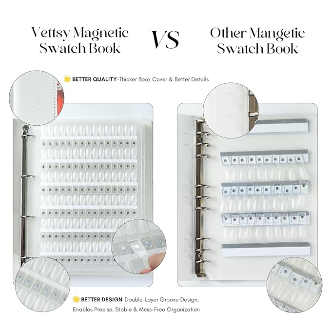 vettsy Magnetic Nail Swatch Book, 240 Nail Color Display Book Organizer with 240 Magnetic Tips, Professional Salon Nail Art Color Chart & Practice Stand for Easy Preview & Storage