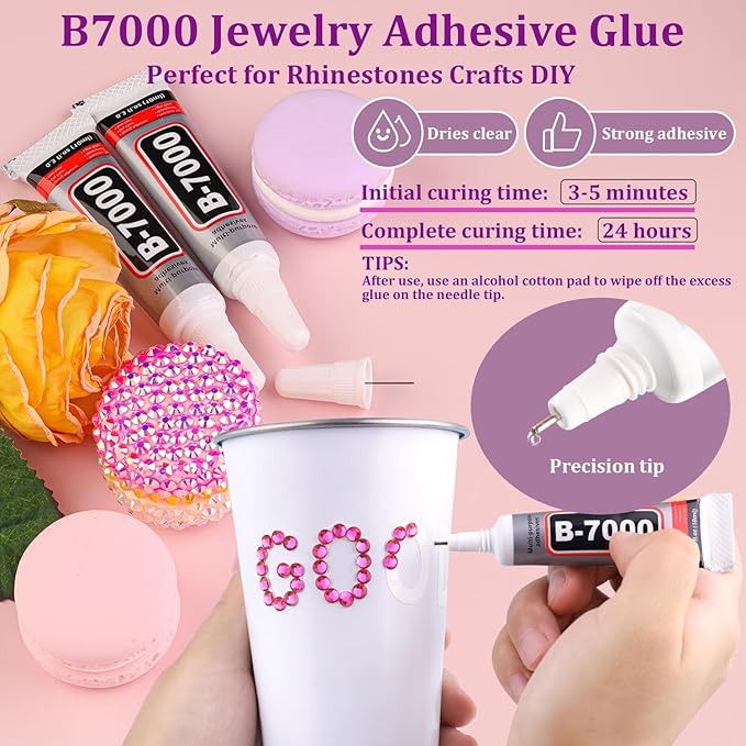 Resin Rhinestones for Crafting with 3Pcs 10ml B7000 Jewelry Glue, 1 Box Hot Pink Flatback Gems Crystals Diamond for Bedazzling Crafts DIY Nail Art Makeup, Gems for Clothing Tumblers Shoes