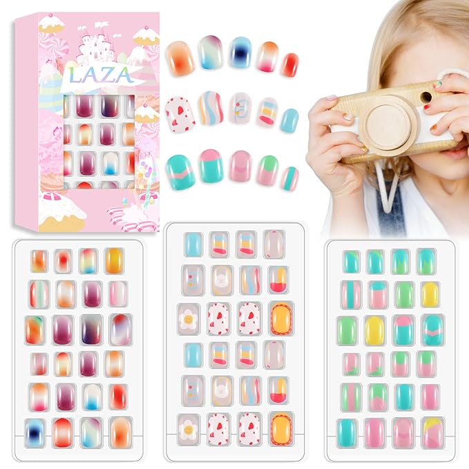 Laza 72pcs Children Nails Press On Pre-glue Full Cover Gradient Blooming Color Mixing Rainbow Short False Nail Kits for Kids Teenager Girls - Blooming Rainbow
