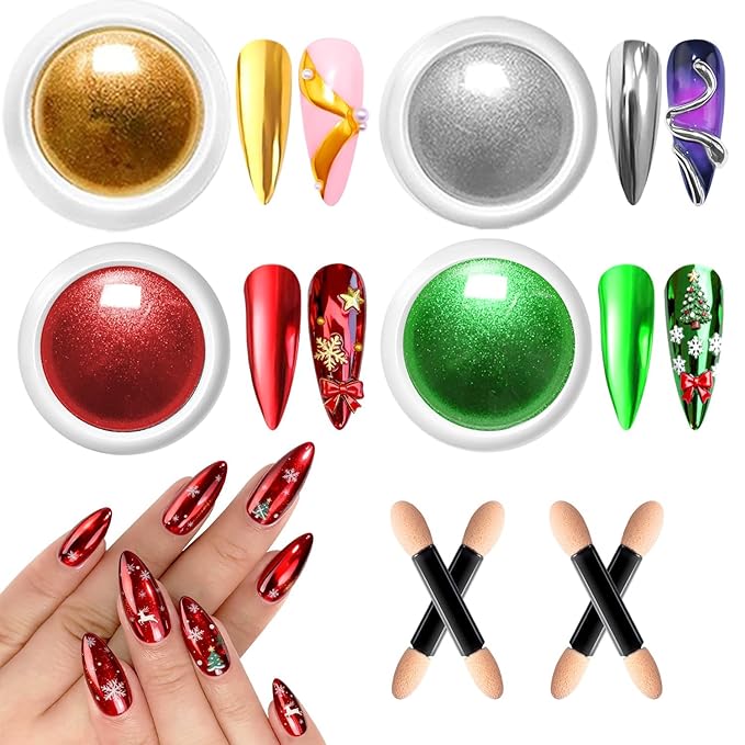 Holographic Aurora Nail Powder 4 PCS - Metallic Silver Gold Green Mirror Chrome Pigment for Professional Nail Art Decoration,Salon Grade Chrome Powder Set