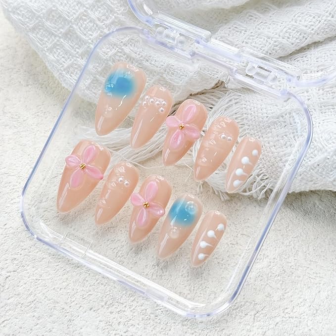 Handmade Press on Nails Medium Almond Nude Thick Fake Nails with Glue,3D Pink Flower Art False Nails with Design Reusable Nature Acrylic Nails for Wome (Size M)