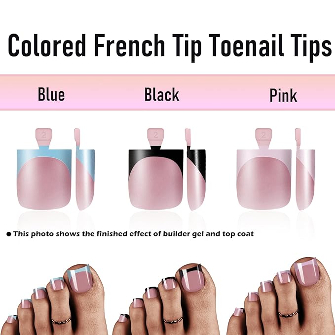 French Tip Toe Nail Press Ons, 180pcs Toenails Sharp Square for Women, Pre-Designed Soft Gel Thick False Toenail Extension, Pink Blue Black French Tip Full Cover Acrylic Nails 15 Sizes