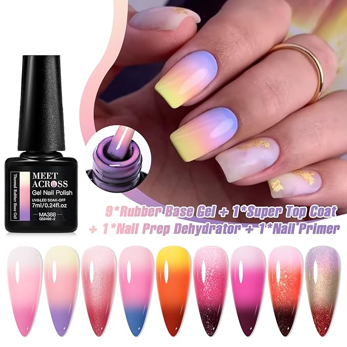 MEET ACROSS 12 Pcs Color Changing Rubber Base Gel Set, Mood Temperature Change Builder Base Nail Gel with Super Top Coat, Prep Dehydrator and Nail Primer, 2-in-1 Soak Off Base Gel Nail Strengthener