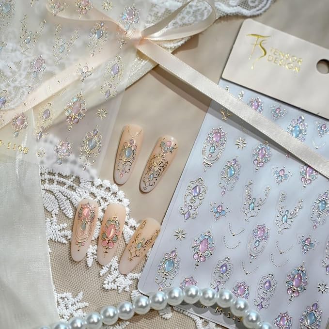 Silver Nail Stickers 3D Self Adhesive Laser Gem Nail Art Stickers 5D Embossed Aurora Star Jewelry Ribbon Nail Decals Vintage Style Totem Nail Art Supplies Diamond Nail Design for Women Girls 1 Sheets