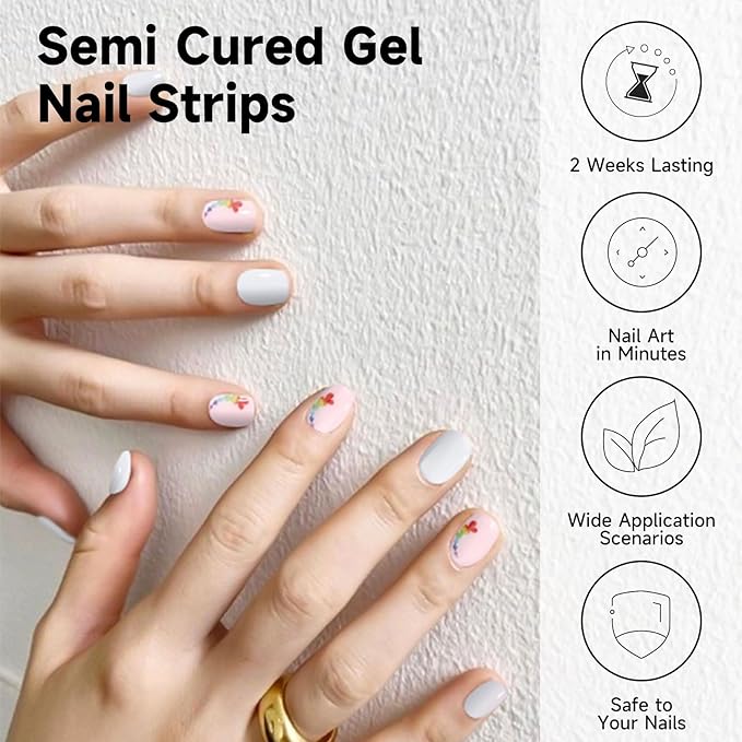 Semi Cured Gel Nail Strips, 28 pcs Gel Nail Stickers, Work with Any UV Lights, Long-Lasting Nail Wraps, Stick on Nails for women Easy to Apply & Remove