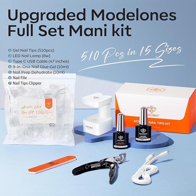 modelones X Nail Gel Kit, Upgrade 15Sizes Gel Nail Tips Short Square, 9-in-One Glue Prep Dehydrator & Portable Led Lamp, 510Pcs Pre-shaped Square Press On Extension Kit DIY Salon Home Gift for Women