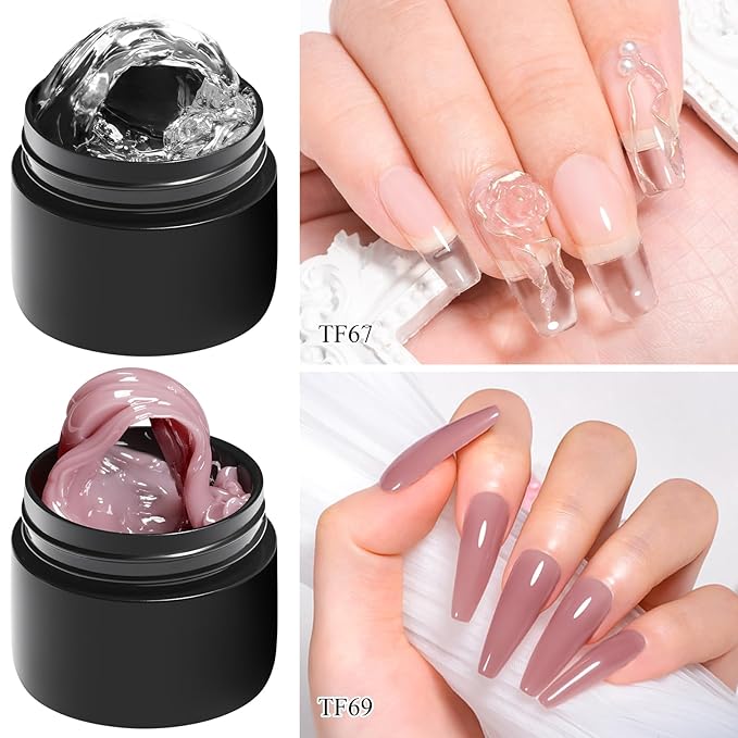 MEET ACROSS All-in-One Extension Mini Kit 2×7ml Non-Sticky Builder Gel Starter Kit WIth Base & Top Coat/Dual-Silicone Pen/Pro File/20-Pc Reusable Dual Forms Salon-Grade Extensions (Clear+Nude)