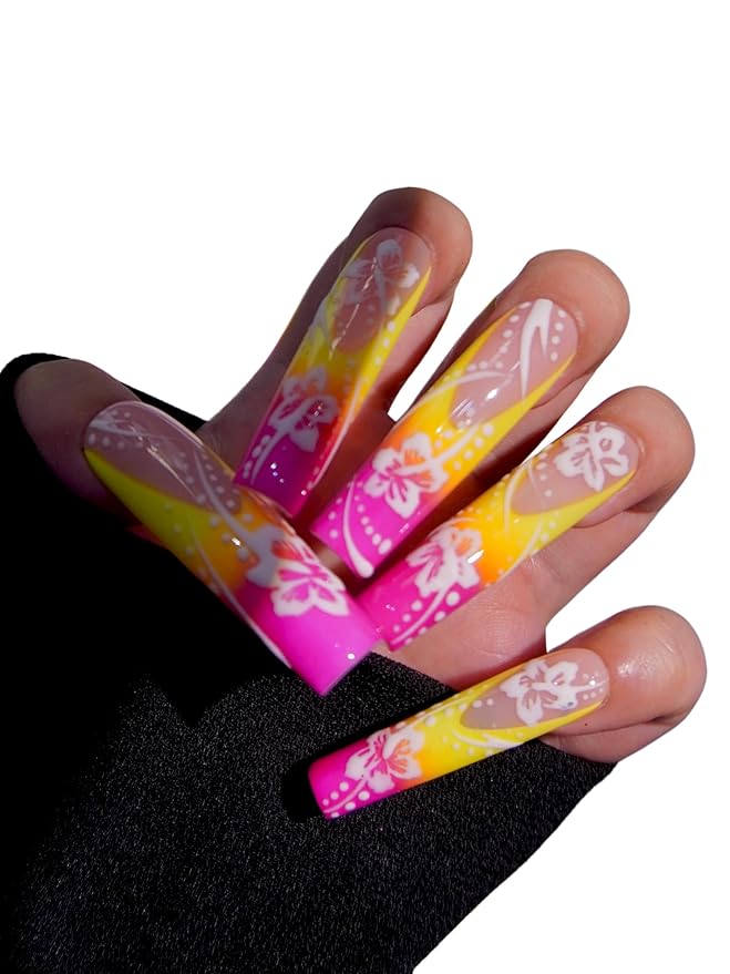 HAND-PAINTED White Press Ons Neon Small Press on Nails Long French Press on Nails Coffin Medium Short Nail art Fake Nail Art Kit with 7g Glue on Nails Handmade Almond Square Nails (TJ55, Medium)