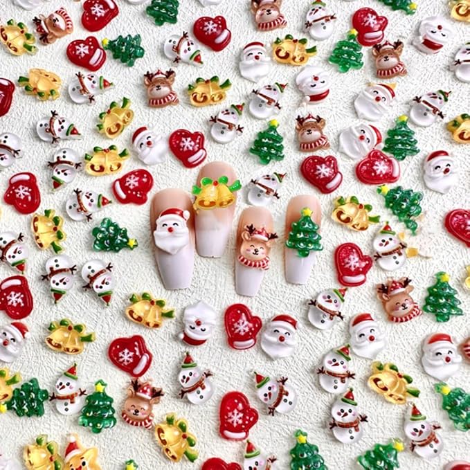 60pcs 3D Cartoon Christmas Nail Charms, Cute Elk Snowman Christmas Nail Art Charms Santa Claus Nail Charm Xmas Tree Gloves Christmas Bells Resin Charms for Nails Kawaii Nail Charms Nail Accessories