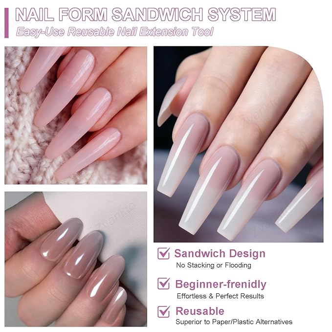 Sandwich Nails Dual Forms 240Pcs Oval Shape, Dual Nail Extension Forms with 15 Sizes, Reusable Plastic Nail Mold for Builder Gel & Poly Gel, No Paper Forms Needed, Salon & Home DIY Nail Art