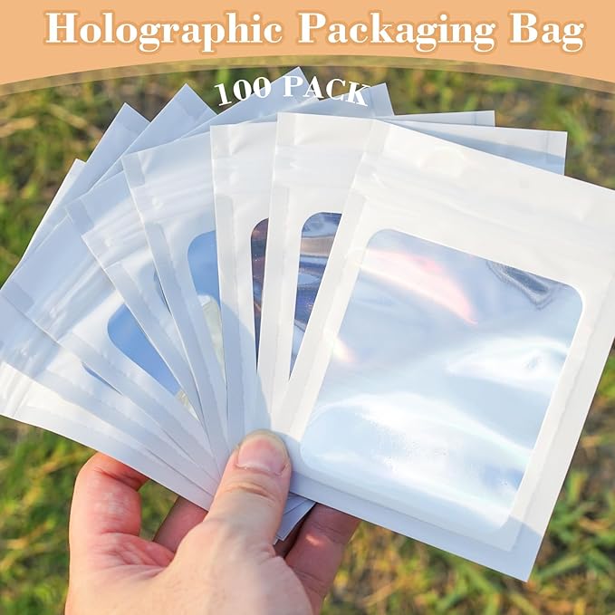 202pcs Press on Nail Packaging Bag, 100pcs Empty Holographic Nail Storage Bag and 100pcs Instruction&Display Black Cardboard with 2 Roll Transparent Tape for Nail Display Profession Salon(White, 100)