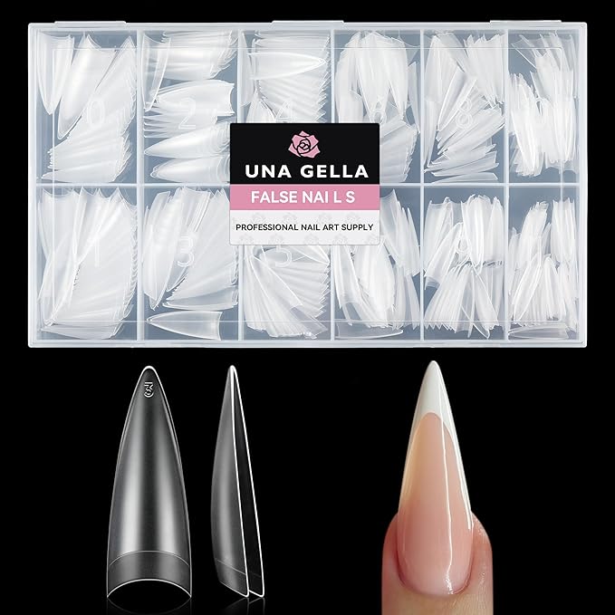 UNA GELLA Stiletto Gel Nail Tips 504pcs Long Stiletto Almond Clear Curved Nails Tips Half Cover False Fake Nails for DIY Press On Nails Extension Art Salon 12 Sizes