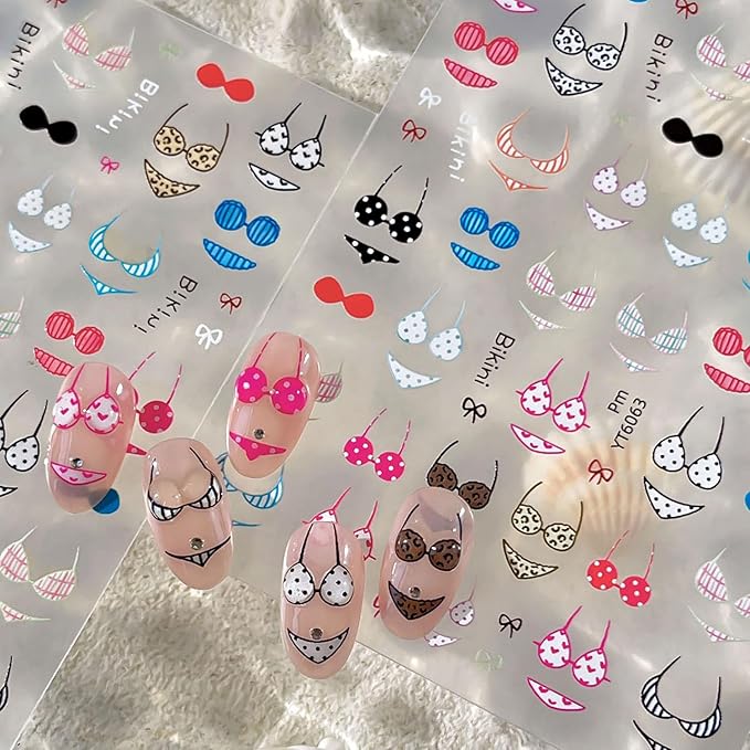 3 Sheets Swimsuit Series Nail Stickers Embossed Nail Art Stickers Summer Nail Decals with Swimming Ring Ice Cream Designs Cute Nail Art Sticker DIY Self-Adhesive Supplies for Women Girls