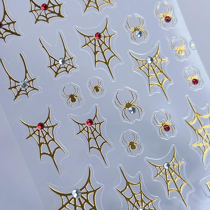 SILPECWEE 6 Sheets Halloween Nail Art Stickers, 3D Metal Nail Stickers Diamond Spider Web Nails Art Design Decal Manicure Sticker for Women Girl DIY Holiday Decoration