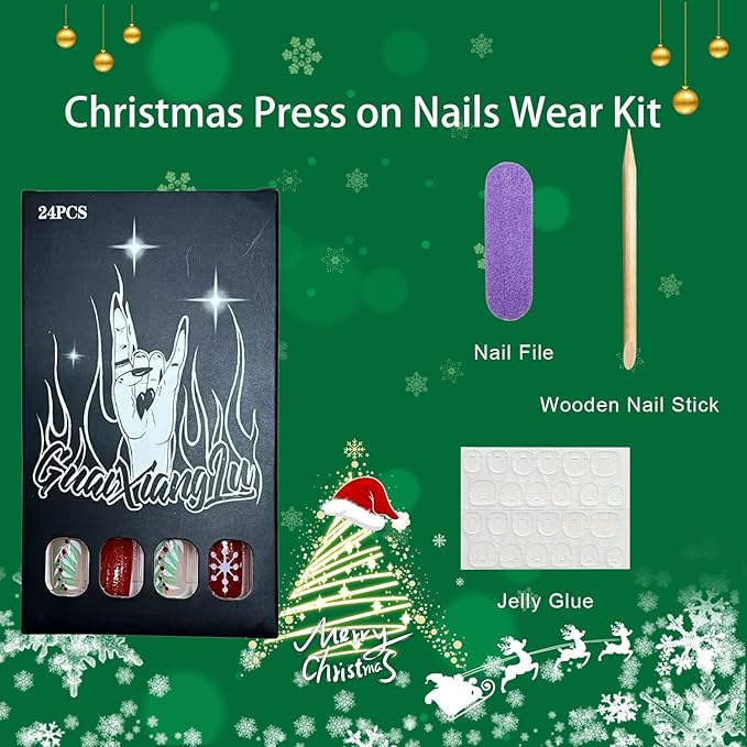 Christmas Press on Nails Medium Square Fake Nails with Snowflake Holly Designs Red Xmas False Nail Winter Silver Glitter Stick on Nail for Women 24 Pcs