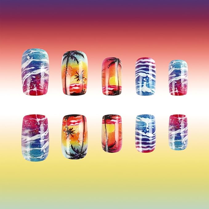 Square Press On Nails Medium Gel False Nails 24Pcs Multicolor Twilight Seaside Acrylic Nails Glossy Stick On Nails for Women Girls