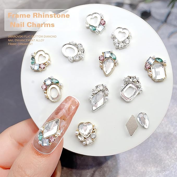 12 PCS Heart Diamond Frame Nail Charms - Sparkling Metal Nail Decorations for Korean Nail Art Designs