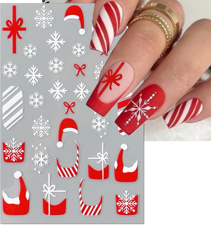 Christmas Gift Bow Nail Art Stickers, Santa Hat Elk Snowflake Design, 3D Self-Adhesive Glitter French Nail Tip Winter Holiday Nail Decals for Women (5 Sheets)