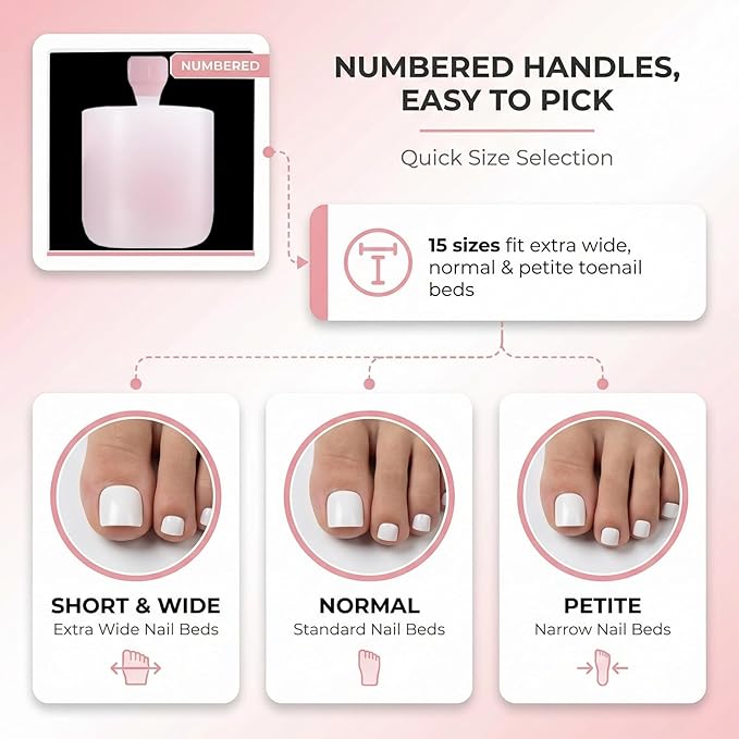 Pearl Blush Ombre French Tip Toe Nail Press Ons, 150PCS Square Full Cover Soft Gel Toe Nail Tips, 15 Sizes for Wide Toenail Beds, Pre-Shaped for DIY French Pedicure & Salon