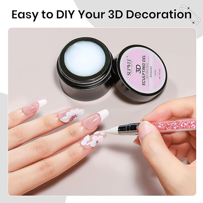 3D Nail Sculpting Gel for Nails Art, White Non-Sticky Hard Solid Molding Nails for Extension Carving Home DIY Manicure with Nail Art Pen DIY at home