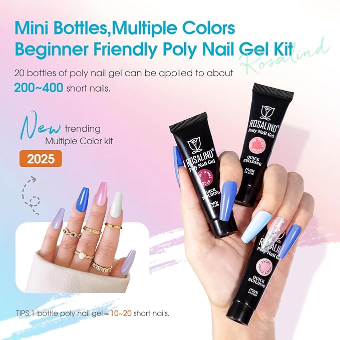 ROSALIND 20 Colors Poly Nail Gel Kit with Mini Nail Lamp Glitter Christmas Poly Nail Gel Kit Collection with Tools Clear All Seasons Classic Colors Halloween Starter Kit