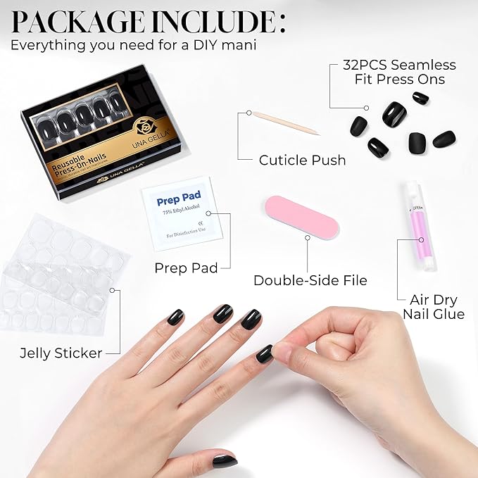 UNA GELLA Soft Gel Press on Nails - 32Pcs 15 Sizes Short Round Black Fake Nails, Glossy Reusable Glue on Nails for Women, Durable Artificial Nails Kit for DIY Manicure