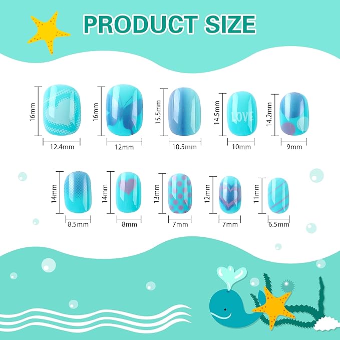 JANYUN 96 Pcs Kids False Nail Press on Nails Full Cover Short False Nails Children Nail Tips Lovely Gift for Kids Little Girls Nail Art Decoration (Blue Theme)