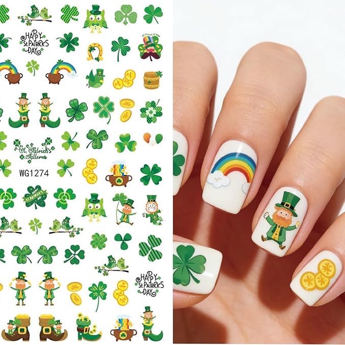 St Patricks Day Shamrock Nail Art Stickers Lucky Four-Leaf Clover Nail Decals Charms 3D Self-Adhesive St. Patrick's Day DIY Date Nail Supplies Decorations for Women Girls 10 Sheets