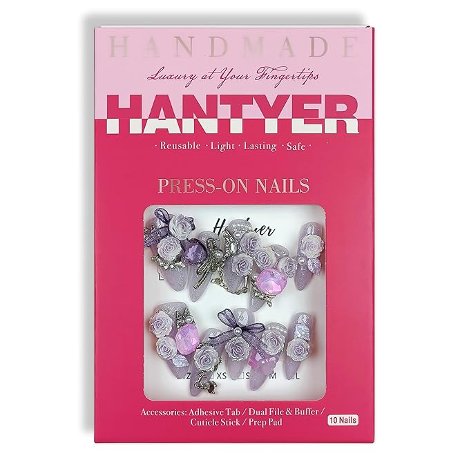 Glamorous Press on Nails Long Almond Stiletto,Purple Cat Eye Gradient False Nails with 3D Roses, Camellias Butterflies Chains Rhinestones, Luxe Glitter Fake Nails for Women 10Pcs Tools Kit(S)