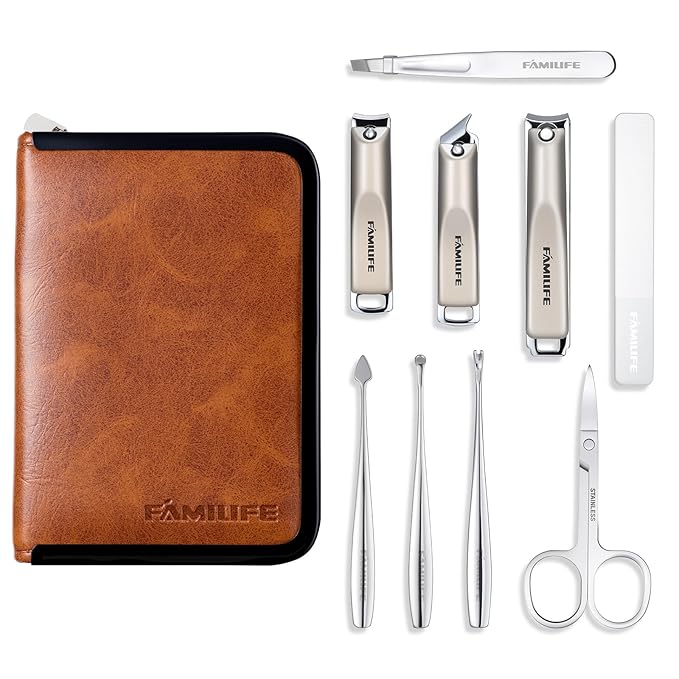 FAMILIFE Manicure Kit for Women, 9 Pcs Compact Carbon Steel Nail Grooming Kit with Case, Classic Brown Travel Manicure Set for Home, On-the-Go Care, Daily Use Manicure Set (Brown)