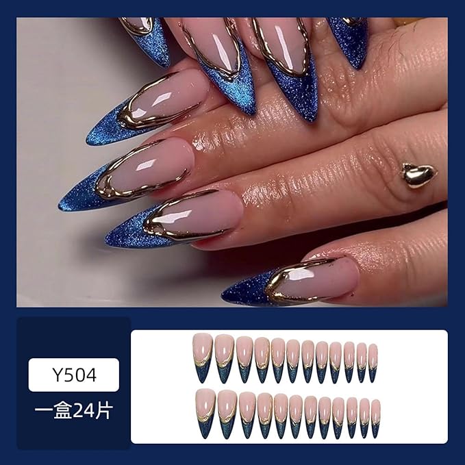 Medium Long Stiletto Press On Nails Nude Pink with Blue Glitter French Tip Gold Outline 24 Pcs Fake Nails with Adhesive Tabs No Nail Glue