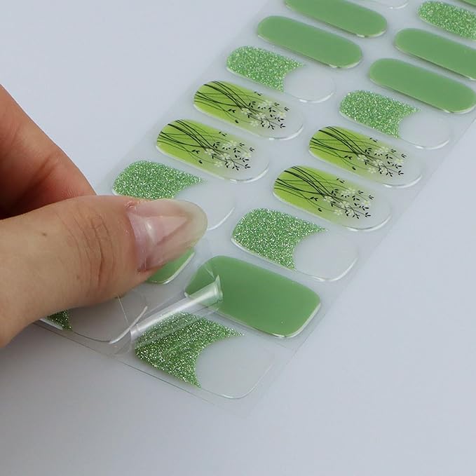 JMEOWIO Gel Nail Stickers Green French Tip Flower Semi Cured Gel Nail Strips Wraps UV/LED Nails Art Design Decoration Accessories