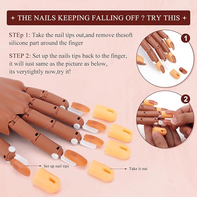 Practice Hand for Acrylic Nails, Flexible Nail Training Maniquin Fake Hand, Moveable Practice Nail wth 200 Pcs Replaceable Nails for Acrylic Nail Manicure DIY