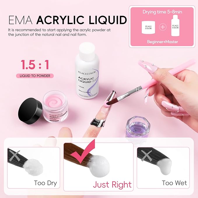 Peacecolor Acrylic Nail Kit ,Clear White Pink 15g Acrylic Powder and 60ml Liquid Set Brush Forms Cuticle Oil Pen Tools Manicure Nails Kit Acrylics Set for Beginners Gifts DIY Salon Home