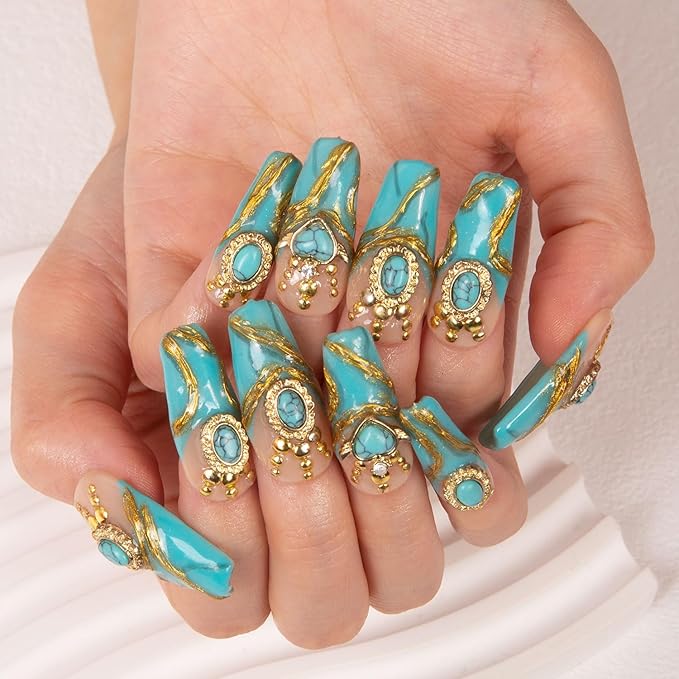 LOVFUL Press on Nails Turquoise Blue French Tip | Handmade with Full Covered Crystals | Reusable Full Cover Nails | Coffin Classic Regular 1.3 in | H122-S