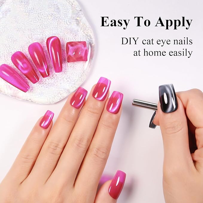 Imtiti Cat Eye Gel Nail Polish, 15ml Hot Pink Crystal Glitter, Magnetic, Holographic, UV LED Manicure Set