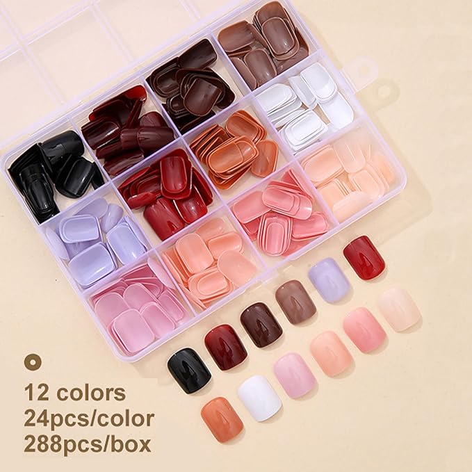 12Packs 288Pcs Square Press on Nails Short Square Fake Nails Glossy Nature False Nail Tips Solid Color Acrylic Nails Press ons Nail Kit for Women Girls Daily Wear Manicure 12 Colors