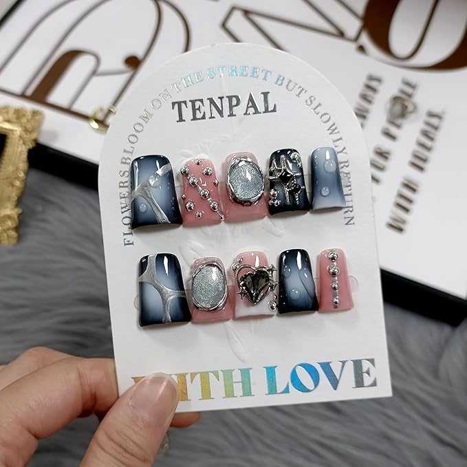 Cat Eye Duckbill Press on Nails,Metallic Embossed Gray Pink Blushing Design Fake Nails with 3D Punk Studs,10PCS Gothic Y2K Glitter False Nails for Halloween,Glossy Duck Nails Press on(M)