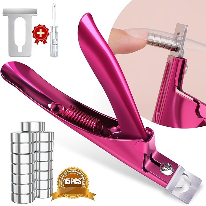 Rose Red Metal Premium Adjustable Nail Clippers with Magnet Sizers for Acrylic Nails, Professional Stainless Steel Fake False Nail Tip Clipper Cutter Trimmer, Manicure Tool for Salon Home Nail Art