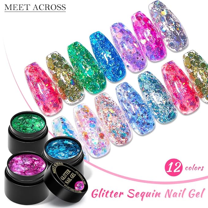 MEET ACROSS 12 Colors Glitter Gel Nail Polish Set Big Sequins Gel Polish Kit with 1Pc Nail Brush, Sparkly Shiny Gel Nail Polish for Home DIY Manicure Nail Salon