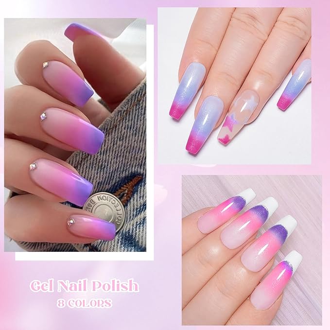 MEET ACROSS 8Pcs Color Changing Gel Nail Polish Set Glitter Temperature Mood Changed Gel Polish Pink Purple Soak Off UV/LED Nail Art Design Kit Gifts for Women Girls
