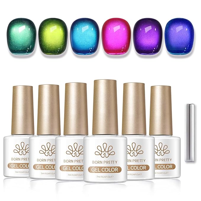 Born Pretty Spring Summer Cat Magnetic Eye Gel Nail Polish Shimmer Glitter Crystal Jelly Emerald Green Sea Blue Bright Pink Translucent Magnetic Gel Polish Soak Off Nail Gels for Women